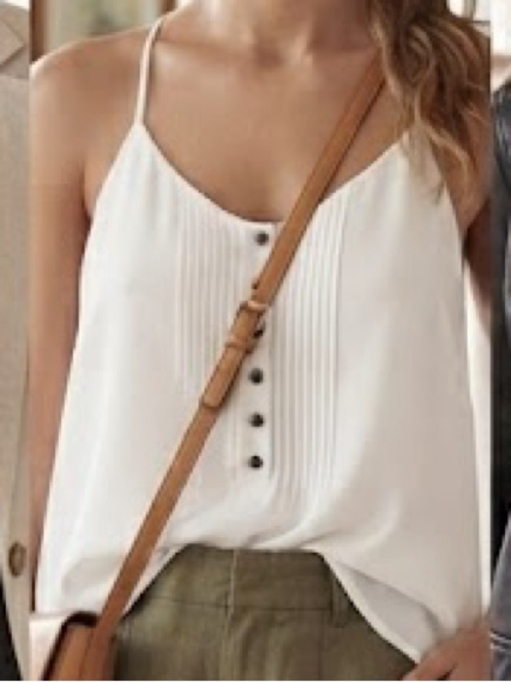 Express - Pleated Button-Front Cami White V-neck Blouse Top